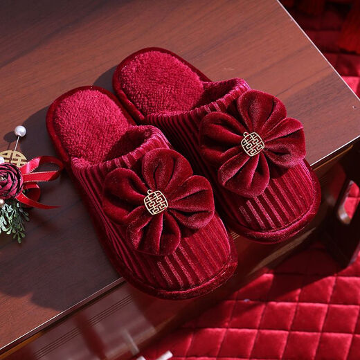 
Wedding slippers couple wedding festive red pair of women dowry wedding autumn and winter cotton drag wedding supplies collection Gold velvet strips cotton slippers 9905 [women's style] 20 size small recommended large [2] size