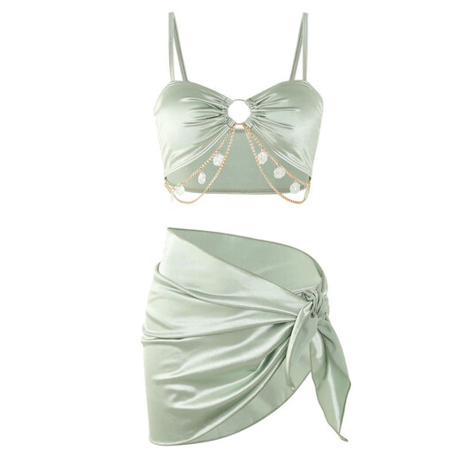 Jin Bingsheng bikini swimsuit for women in hot springs, sexy pure desire, slimming, fresh style, swimming pool and beach three-piece set with small breasts. Bikini three-piece set (green) L Recommended weight 90-110 Jin Jin is equal to 0.5 kg