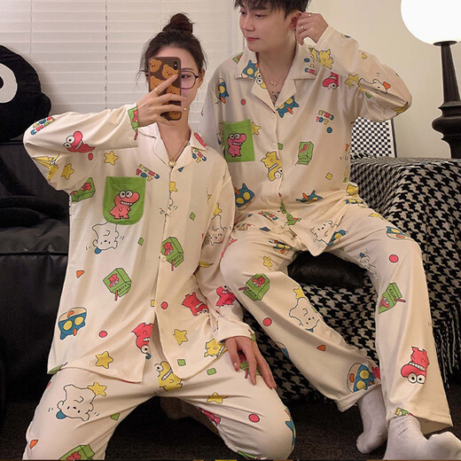 Colorful Gems Crayon Shin-Shin-Same Couple Pyjamas Pyjamas Spring et automne à manches longues mignonnes Cartoon Étudiant Door Home Vêtements Home 5155 # Couple Geometric Shin-Shin-Beige [Version] M Femmes [75-100jin [Jin est égal à 0,5 kg]]]