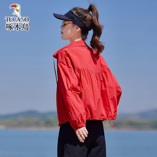 啄木鸟时尚外套女2025夏季新款宽松抽褶系带立领户外运动风休闲防晒上衣 蓝色 XL