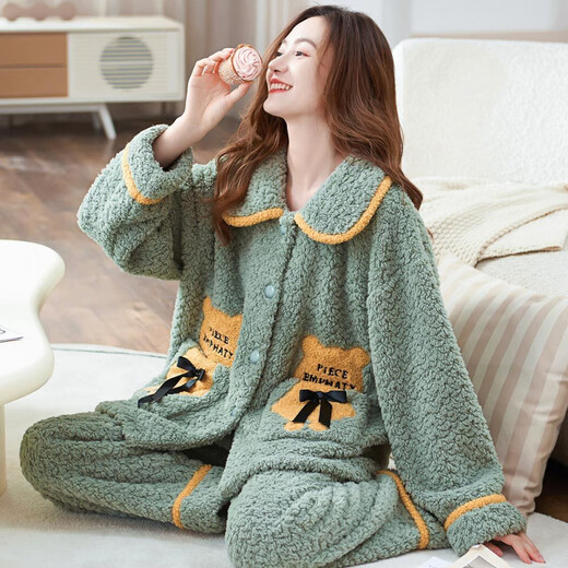 单南卫法兰绒睡衣女秋冬季加厚珊瑚绒家居服中青年妈妈装可外穿两件套 T687橘粉袋鼠熊 超厚 2XL ：建议(135-150斤)