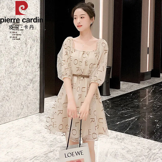 
Pierre cardin square collar chiffon dress for women summer 2025 new street-fried small person who reduces age and looks slim and waist-hugging mesh fairy skirt apricot color skirt 9435 first belt S