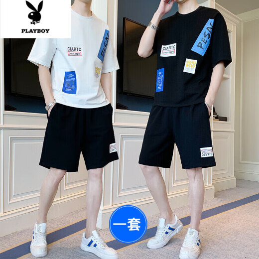 花花公子男士短袖T恤套装2022潮牌潮流夏季一套衣服青年休闲帅气搭配男装 691黑色【上衣+裤子】 XL