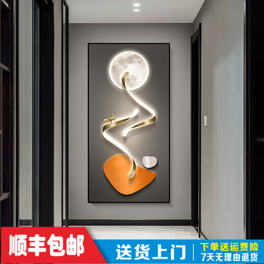美克杰石来运转走廊挂画进门玄关装饰画过道楼梯进门壁画抽象现代画 13565-石来运转-高清晶瓷平面画B 90*180cm铝合金边框-金色B