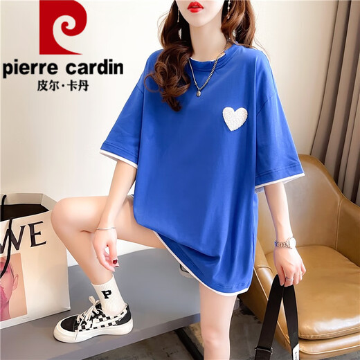 皮尔卡丹（pierre cardin）夏季假两件短袖t恤女纯·棉宽松刺绣上衣设计感中长款ins潮大尺码 1502白色 印花纯·棉 XL 140-165斤