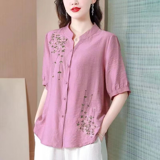 锦人初夏季中袖棉麻上衣女2025新款国风刺绣女士衬衫妈妈装宽松亚麻小衫 玫红-694 均码 m约108斤内