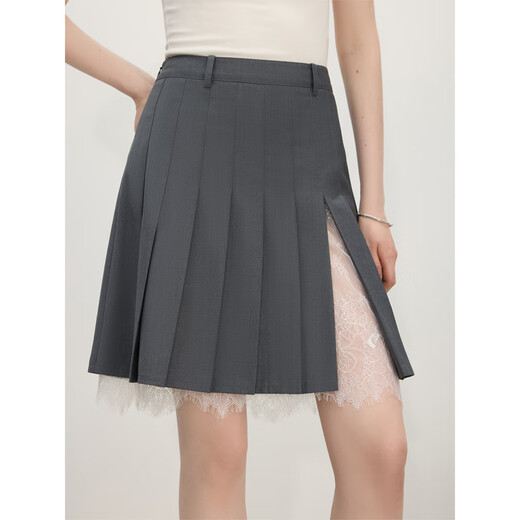 范思蓝恩天才少女蕾丝高腰百褶半身裙女2025夏季甜辣A字短裙2632 灰色 S