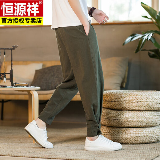 Hengyuanxiang Chinesische Style Button -Leinenhose Sommer Lose Harem Hosen Tang Anzug Baumwolle Leinen Casual Hosen Straighthose Militärgrün 2xl