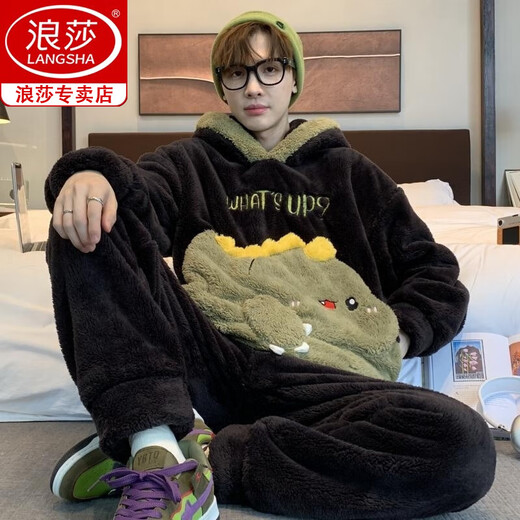 浪莎（langsha）男士睡衣男珊瑚绒冬季学生卡通宽松冬天法兰绒加厚加绒家居服套装 *ZS*9903【双面长毛绒套装】 M 小号(75-95斤)
