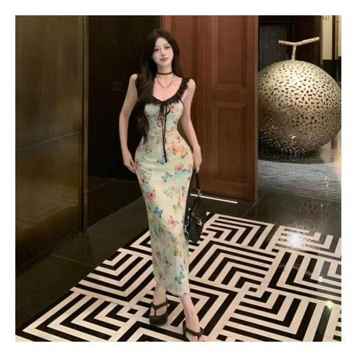 
Rongxitu butterfly printed suspender dress sweet and spicy waist-hugging summer new style short [6628#] XL