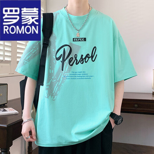 罗蒙（ROMON）短袖男士t恤潮流印花体恤衫高端休闲半袖宽松凉感打底衫夏季衣服 693青色 M 约80-100斤可穿