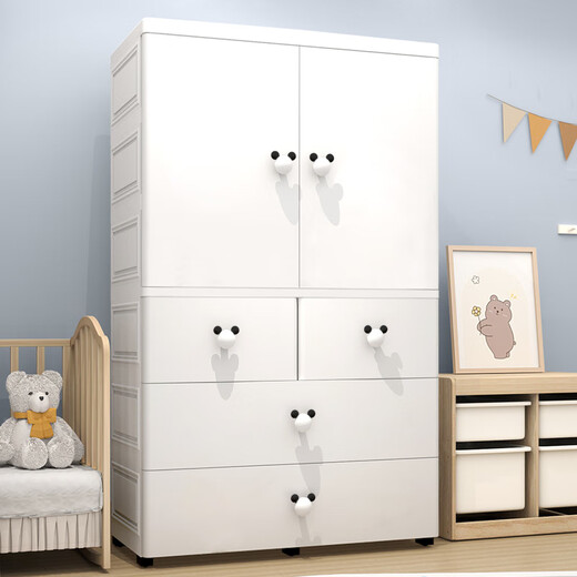 [4877 Volkssammlung] Extra große, verdickte Babygarderobe Baby -Aufbewahrungsschrank Einfacher Kindergarderobekiste mit Schränken 80 cm Tulip Kaninchen Doppeltüren [Kleidung + Partition 1
