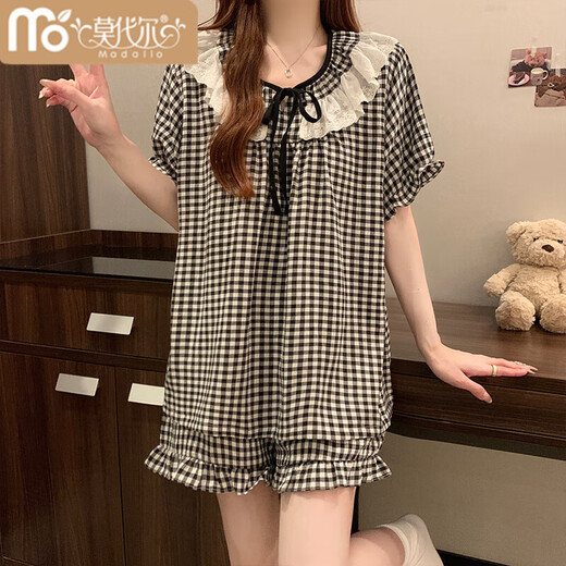 
Modal summer Korean sweet lazy princess style pajamas for women 2025 new short-sleeved plaid with chest pad home clothing set HY#682 jade color [with fixed chest pad] M Recommended 80-95 Jin [Jin equals 0.5 kg]