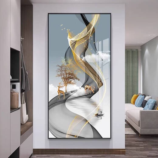 语森忆发财鹿挂画轻奢入户玄关装饰画墙壁画走廊现代简约 QY691 流水财 100*00(墙宽141m以上)尊贵黑