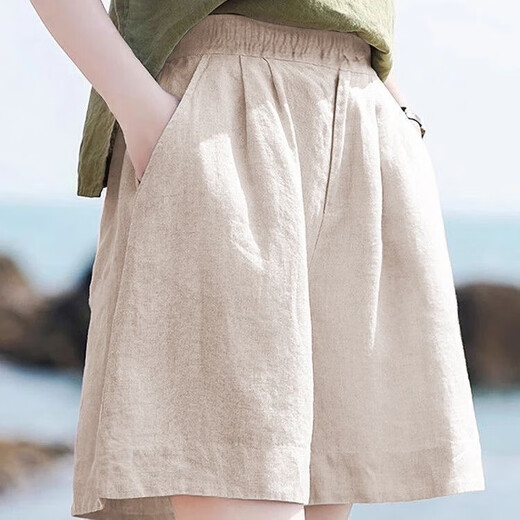 Summer elastic high-waisted linen five-quarter pants loose retro casual shorts cotton and linen slimming high-pocket women's pants black XL recommended 120-130Jin Jin equals 0.5 kg