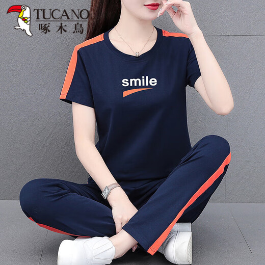 啄木鸟（TUCANO）夏季薄款运动套装女2025年新款妈妈装时尚夏装休闲纯棉短袖两件套 695 宝蓝[长裤套装] XL 【建议110-125斤】
