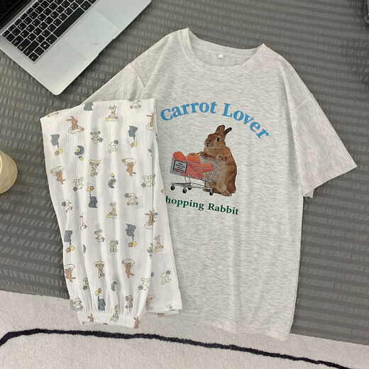 HUALIN FASHION Pijamas Lindos y Finos de Verano Pantalones Largos de Manga Corta para Mujer Ropa de Abrigo Suelta Ropa para el hogar 9934-Cuello Redondo Letra Conejo Corto Largo 180 XL