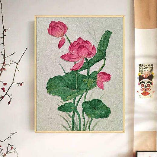 Village de Shantoulin Good Luck Lotus Lotus Pendant Chinese Style Texture Texture Painting Quartz Sand Diy Digital Painting Dupter Match-Colored Material Lotus PEINTURE DÉCORATIVE QX12625 TEXTURE PEINTURE ENVOYER UN SET PEINTURE D'OUTILES DE PAIEMENT 30 * 40 cm Cadre intérieur en bois massif d'épaisseur