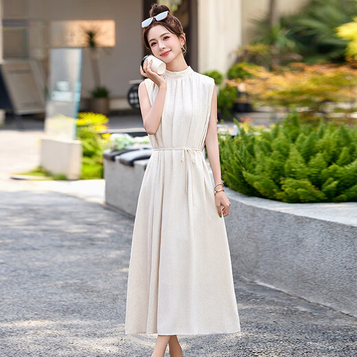 Ehangy Light Luxury Brand 2025 Summer New Dress Women's High-end Temperament Western Style Age-Reducing Simple and Elegant Skirt Beige M