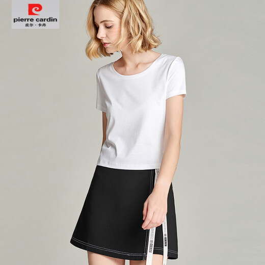 皮尔卡丹（pierre cardin）【1342人收藏】纯棉短款2025夏装新款丝光棉白t恤女纯色圆领体恤 白色圆领 L