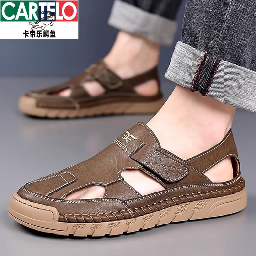 Katile Crocodile Sandals Men's Summer New Style Bottle Toe à l'extérieur des chaussures de plage Gétille en cuir creux Sandales en cuir masculin confortables et résistantes à l'usure [Même modèle dans le centre commercial] 9197 Brown 41