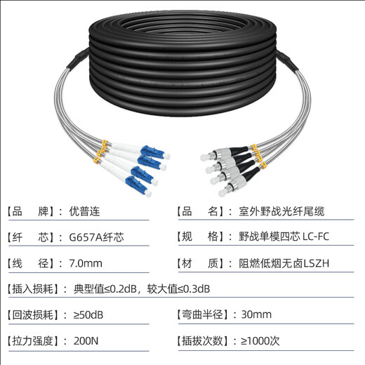 
Youpulian Outdoor field optical cable single mode 4 four-core tail cable SC-LC-FC-ST Outdoor base station stretch armored fiber jumper finished optical brazing wire field optical cable single mode four-core LC-FC 50 meters