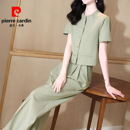 Pierre Cardan Fashion Set for Women Summer 2025 Nuevo estilo Mujeres delgadas de moda Camisa de manga corta de cuello corto Pantalones rectos Set para mujeres 12608 Black Set L [sugerido 95-110Jin [Jin iguala 0.5 kg]]]