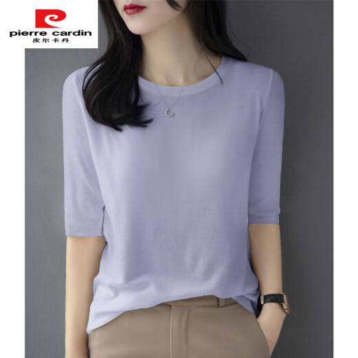 皮尔卡丹（pierre cardin）薄款一字夏季款圆领百搭宽松打底法式针织上衣针织衫五分中袖修身 黑色 854#中袖 针织衫 S 80-100斤穿