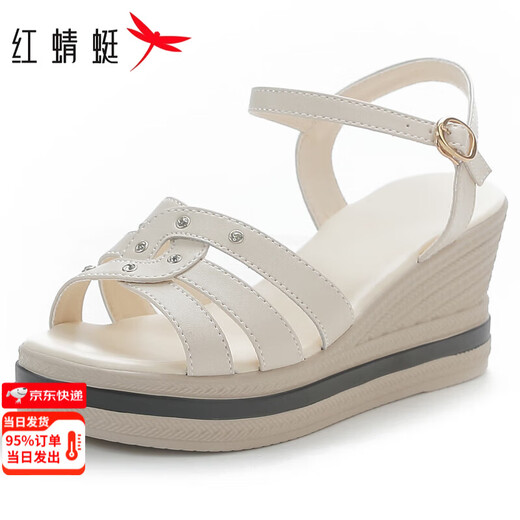 红蜻蜓真皮坡跟凉鞋女外穿2025夏季高跟鞋软底鱼嘴女凉拖鞋休闲凉鞋女鞋 米色【质保升级版】 36