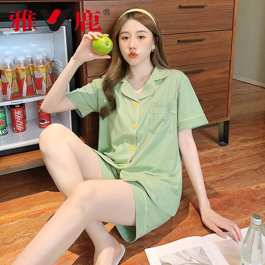 雅鹿夏天冰丝棉睡衣女短袖短裤套装学生宿舍可外穿时尚家居服网红 JEM-653绿色【亏本活动价】 2XL (适合135-155斤)