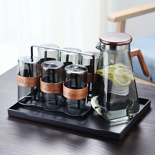 Xuanye glass set household high temperature resistant tea cup tea set cold water cold kettle set with tray drinking water hospitality cup set water cup + cold kettle + cup holder + tray