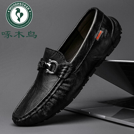 Specht Frühling Herrenschuhe Mützenschuhe echte Ledermänner 2025 Neugeschäft weiche Haut weiche Sohle faule Leute Stick lässig Lederschuhe Schwarz Hollow-9901 38