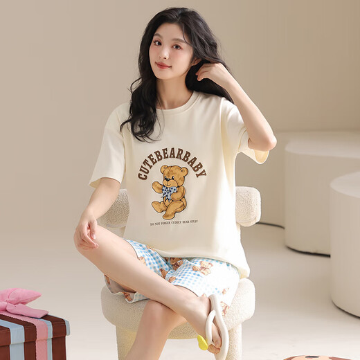 [纯棉][带胸垫]睡衣女夏款短袖短裤学生休闲可外穿家居服套装cker CKE-W6172-1A L
