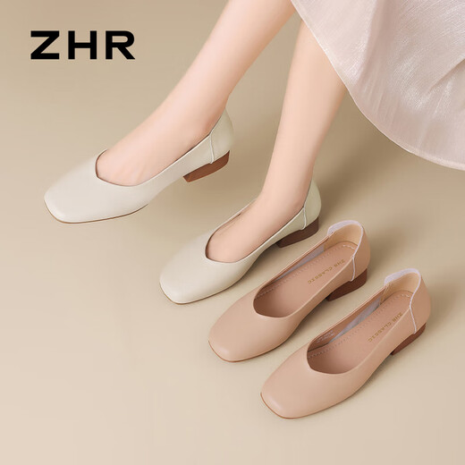 ZHR粗跟船鞋女浅口简约女鞋夏季一脚蹬通勤单鞋女 AH677 米色  35 