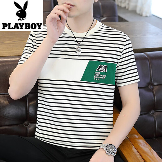 花花公子（PLAYBOY）短袖T恤男棉质小衫青少年学生条纹汗衫潮流男装半袖圆领小衫 9898 白色 XL 【建议125-140斤】