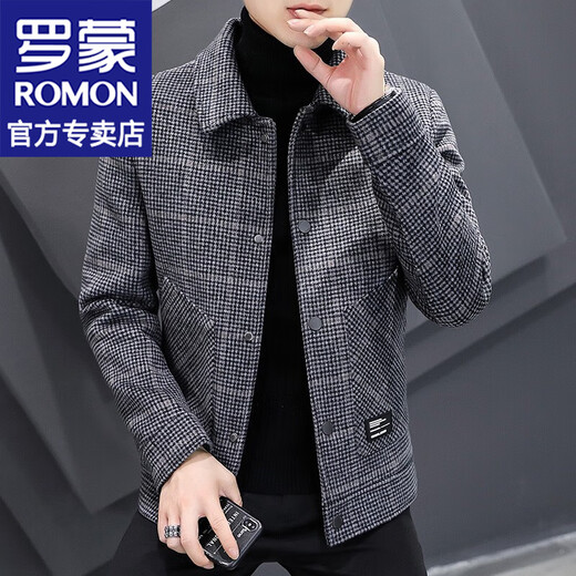 ROMON Woolen Jacket Men's Autumn and Winter New Fashion Business Plaid Lapel Jacket Thickened Warm Top Men's 2903 Gray XL (120-135Jin Jin is equal to about 0.5 kg)
