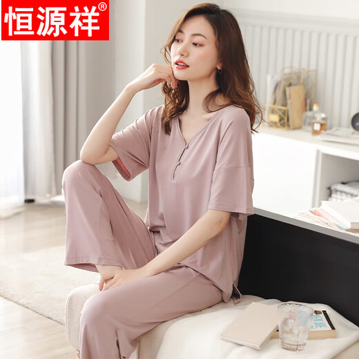 恒源祥纯棉睡衣女短袖七分裤夏天薄款韩系甜美蕾丝性感居家服可外穿 E9226 M