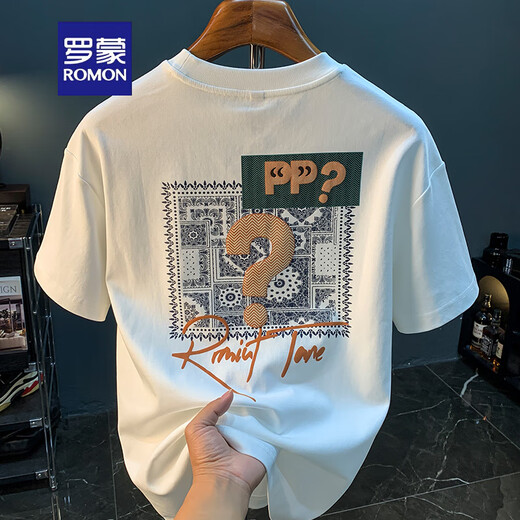Romon kurzärmeligte T-Shirt Herren 2025 Sommer dünne Mode gedrucktes T-Shirt Xinjiang Baumwolle Runde Hals halbärmelig Männer Top T White 2 [ZJ1047 Fit-Version] M geeignet für 90-108jin [Jin gleich 0,5 kg]