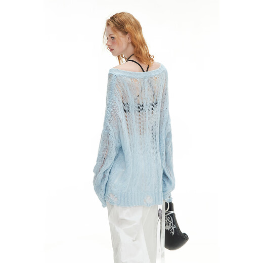 
UNIFREE large V neck thin long-sleeved sweater ripped hollow personalized sun protection loose blouse L