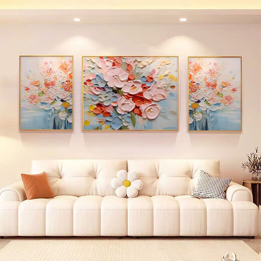 Peach Beauty Creme Blume Wohnzimmer Dekoration Gemälde Textur Triptychofa Hintergrund Wand Zusammenfassung Hängende Malerei Moderne einfache Wandveränderung 3890 Nektar-C [Standard goldbürstete Aluminium-Legierungsrahmen] Medium 70*50 Seiten 35*50 [Textilkristallporzellanstrich]