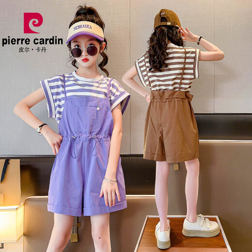 皮尔卡丹（pierre cardin）女童背带裤套装夏款2025新款中大童夏季棉休闲薄款短裤儿童夏装 紫色 两件套 120 cm