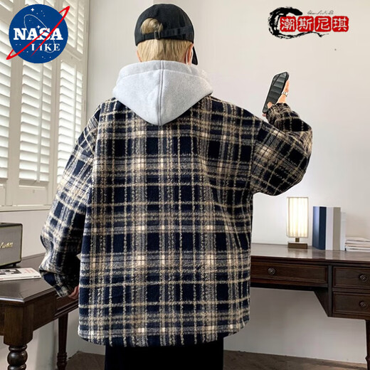 NASALIKE可拆卸连帽夹克男秋季港风大码宽松小香风外套休闲帅气格子夹克衫 【高质量升级版】D689藏青 3XL码 建议体重150-160斤