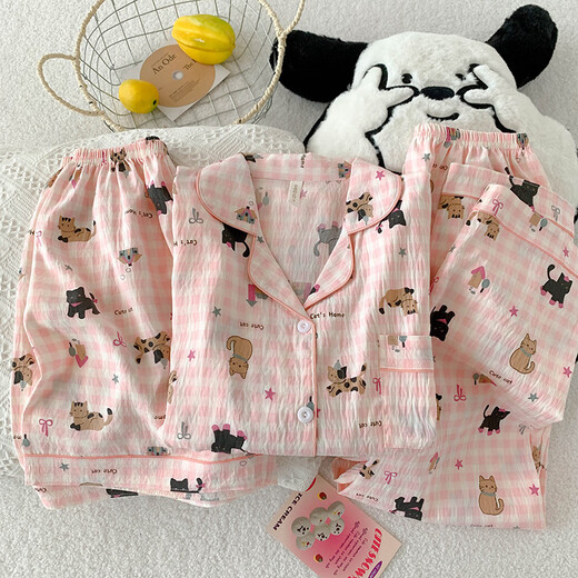京濮飞夏季薄款郁金香兔子睡衣女棉纱布甜美家居服三件套 云朵棉-9902#星星KT猫三件套 M 【建议75-100斤】