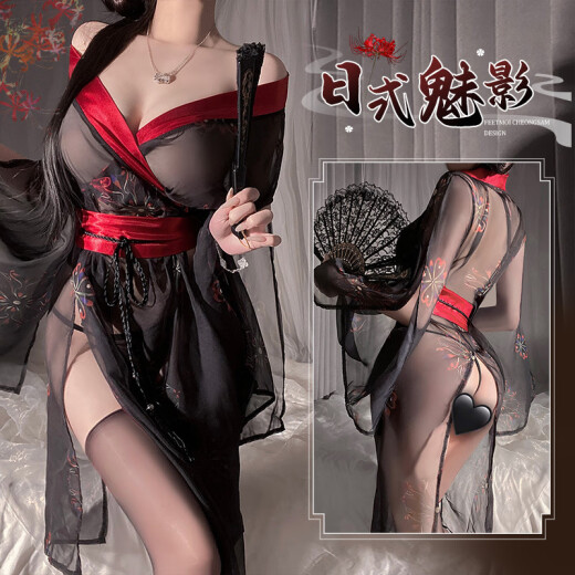 霏慕日式魅影印花和服套装透视露臀免脱诱惑情趣内衣性感纯欲6628 NY1ZFT003647日式魅影黑+红【升】【 均码(建议80-125斤)