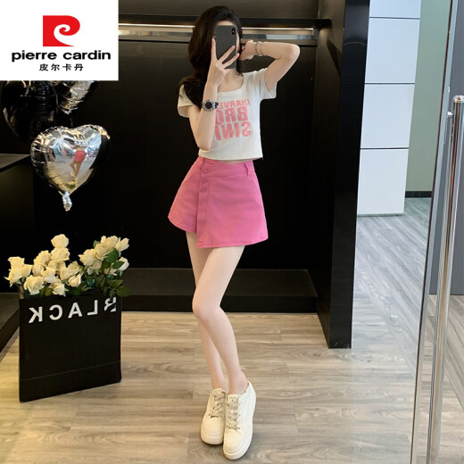 皮尔卡丹（pierre cardin）粉色排扣装饰休闲牛仔短裤女高腰显瘦假两件包臀裤裙短上衣两件套 7029白色上衣+7028玫红牛仔裙 S