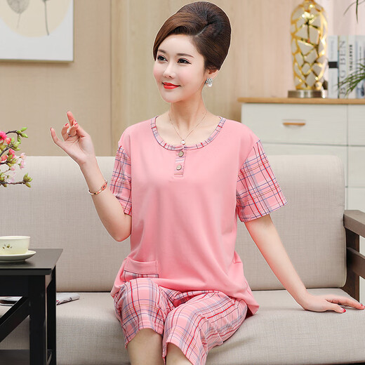 Langsha (langsha) middle-aged mother pajamas for women in summer thin pure cotton short-sleeved cropped pants middle-aged and elderly people's home clothes plus size suit Watermelon red YMY-3937 M [recommended 80-100Jin [Jin equals 0.5 kg]]