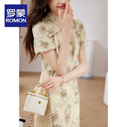 
ROMON Elegant Gold thread embroidered short-sleeved cheongsam skirt 2025 summer new style waist-hugging and slimming temperament elegant dress women's clothing 838 L