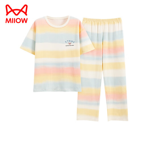 猫人（MiiOW）夏季女士短袖睡衣套装100纯棉长裤家居服全棉可外穿夏天条纹卡通 Y9712 M (建议75-95斤)