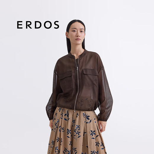ERDOS【刘雯同款】25夏季欧根纱微透感飞行员夹克甜酷透气女外套 粉末咖啡色 S 160/80A