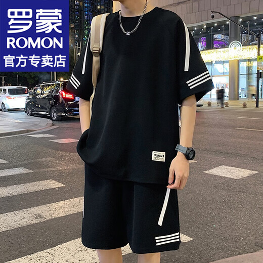 罗蒙（ROMON）港风短袖t恤男士夏季新款休闲运动套装宽松半袖男T上衣服男装 FKS653白色套装 L 约110-130斤可穿